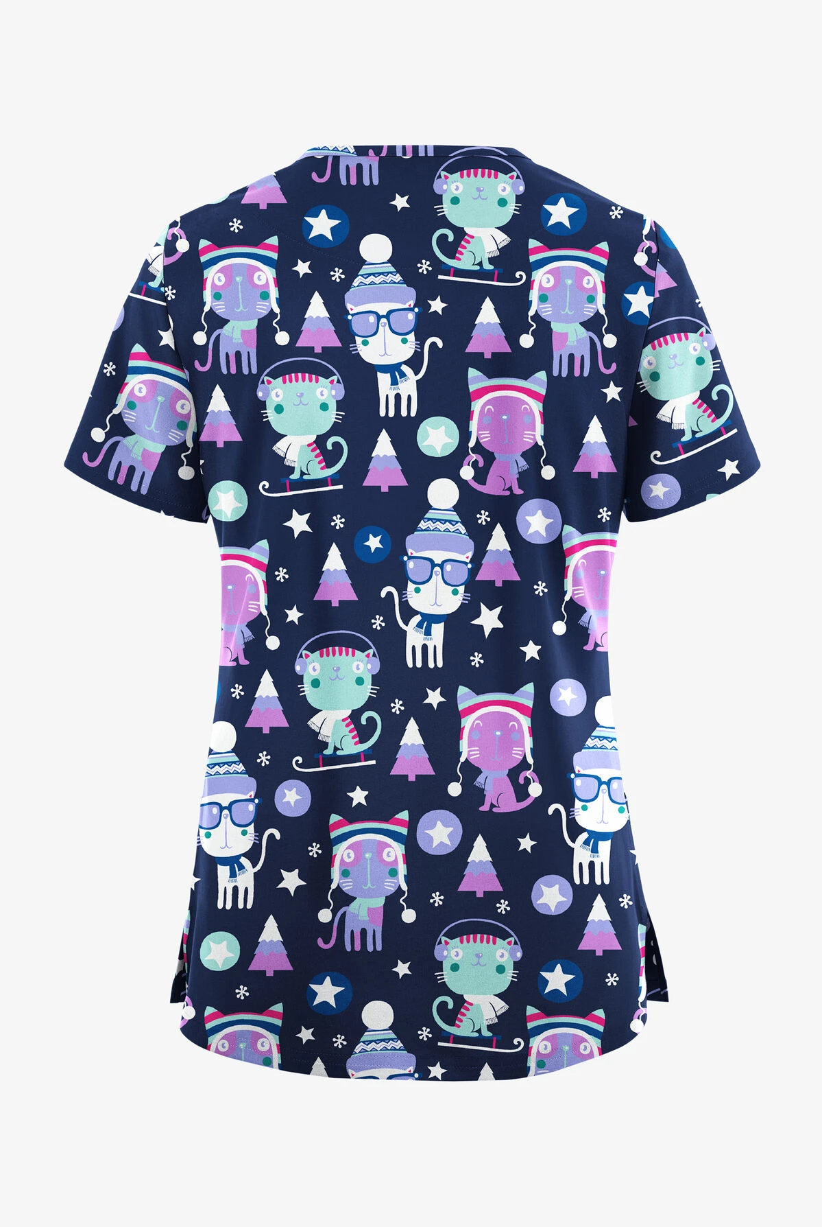 UA Butter-Soft STRETCH Christmas Kitties Navy Women's V-Neck 3 Pocket Print Scrub Top 4 UA Butter-Soft STRETCH Christmas Kitties Navy Women's V-Neck 3 Pocket Print Scrub Top - Image 2