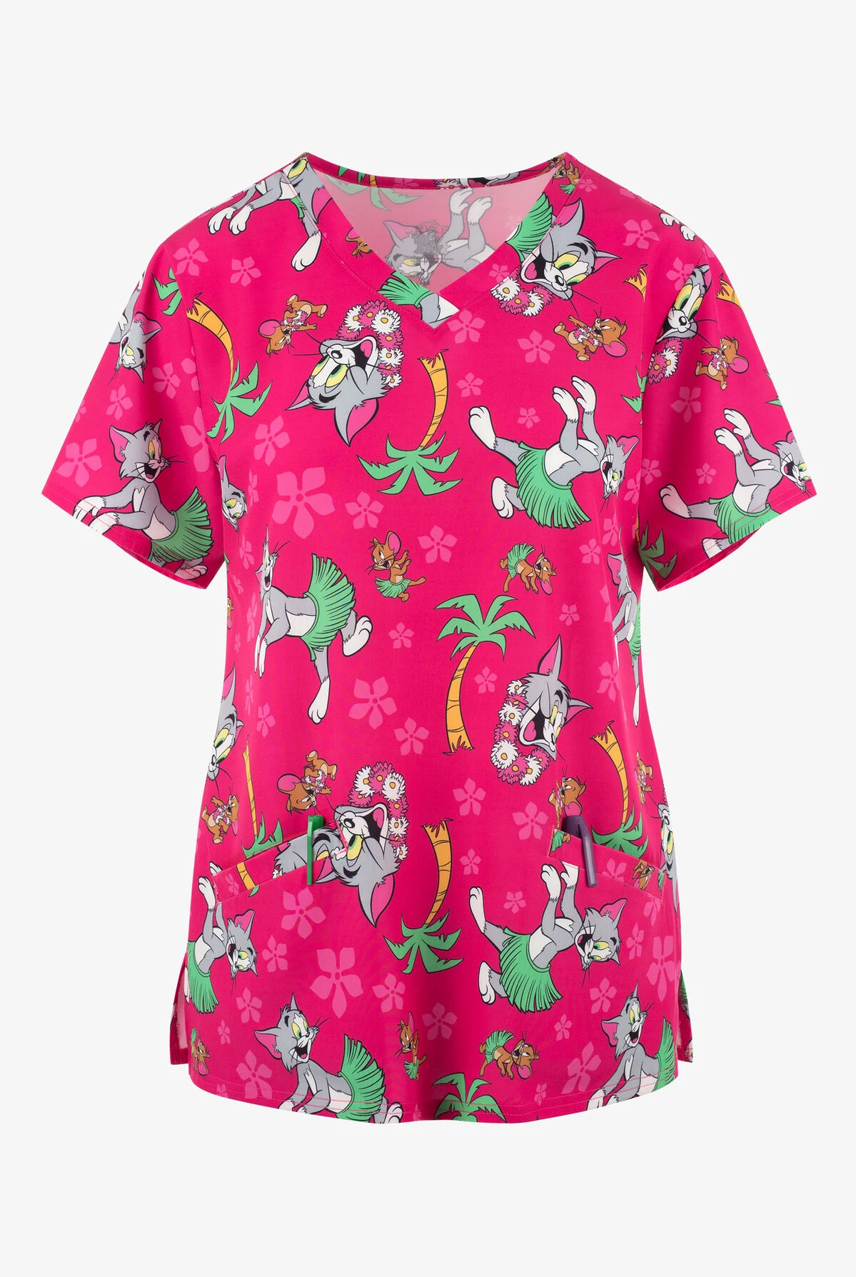 FUNSCRUBS- Tom & Jerry Palm Trees Women's 2-Pocket STRETCH V-Neck Print Scrub Top 3 FUNSCRUBS- Tom & Jerry Palm Trees Women's 2-Pocket STRETCH V-Neck Print Scrub Top