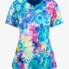 Cherokee Infinity Tie Dye Burst Women's 3-Pocket STRETCH Notched Round Neck Print Scrub Top -Cherokee Shop IN609TDBR 1