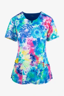 Cherokee Infinity Tie Dye Burst Women's 3-Pocket STRETCH Notched Round Neck Print Scrub Top