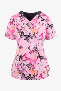 Cherokee Infinity Geo Flutter Butterfly Women's 2-Pocket STRETCH V-Neck Print Scrub Top