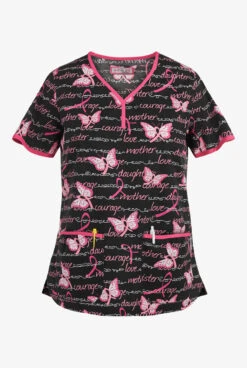 Koi Butterfly & Words Fashion Eve Women's 2-Pocket Y-Neck Print Scrub Top