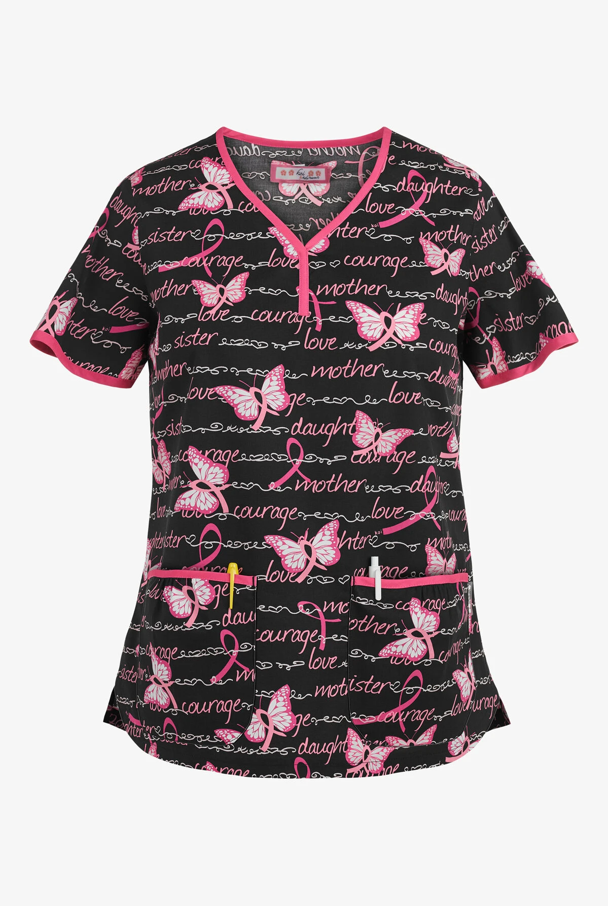 Koi Butterfly & Words Fashion Eve Women's 2-Pocket Y-Neck Print Scrub Top 3 Koi Butterfly & Words Fashion Eve Women's 2-Pocket Y-Neck Print Scrub Top