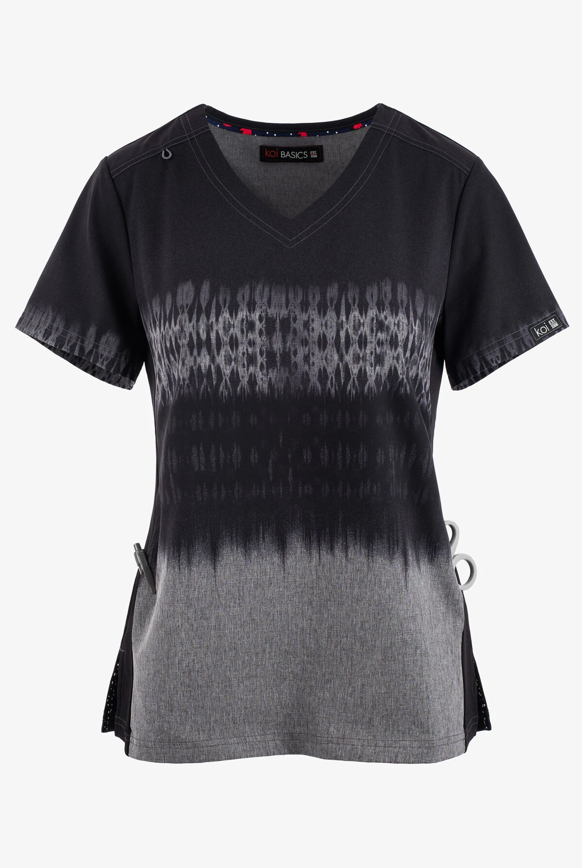 Koi Basics Cali Tie Dye Black/Heather Grey V-Neck Print Scrub Top 3 Koi Basics Cali Tie Dye Black/Heather Grey V-Neck Print Scrub Top