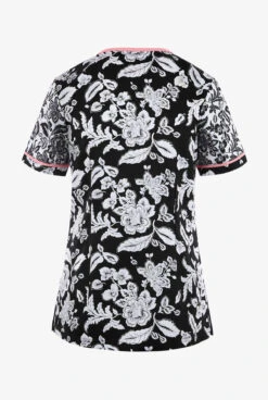 Koi Stretch Woodblack Floral Women's 4-Pocket STRETCH Y-Neck Print Scrub Top -Cherokee Shop K1054WBF 2