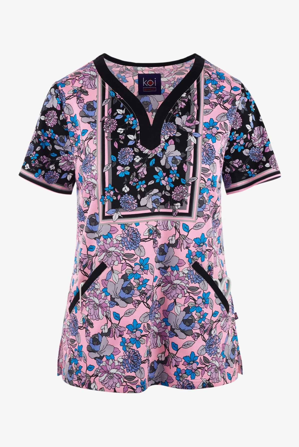 Koi Stretch Enchanted Garden Floral Women's 4-Pocket STRETCH Y-Neck Print Scrub Top 3 Koi Stretch Enchanted Garden Floral Women's 4-Pocket STRETCH Y-Neck Print Scrub Top