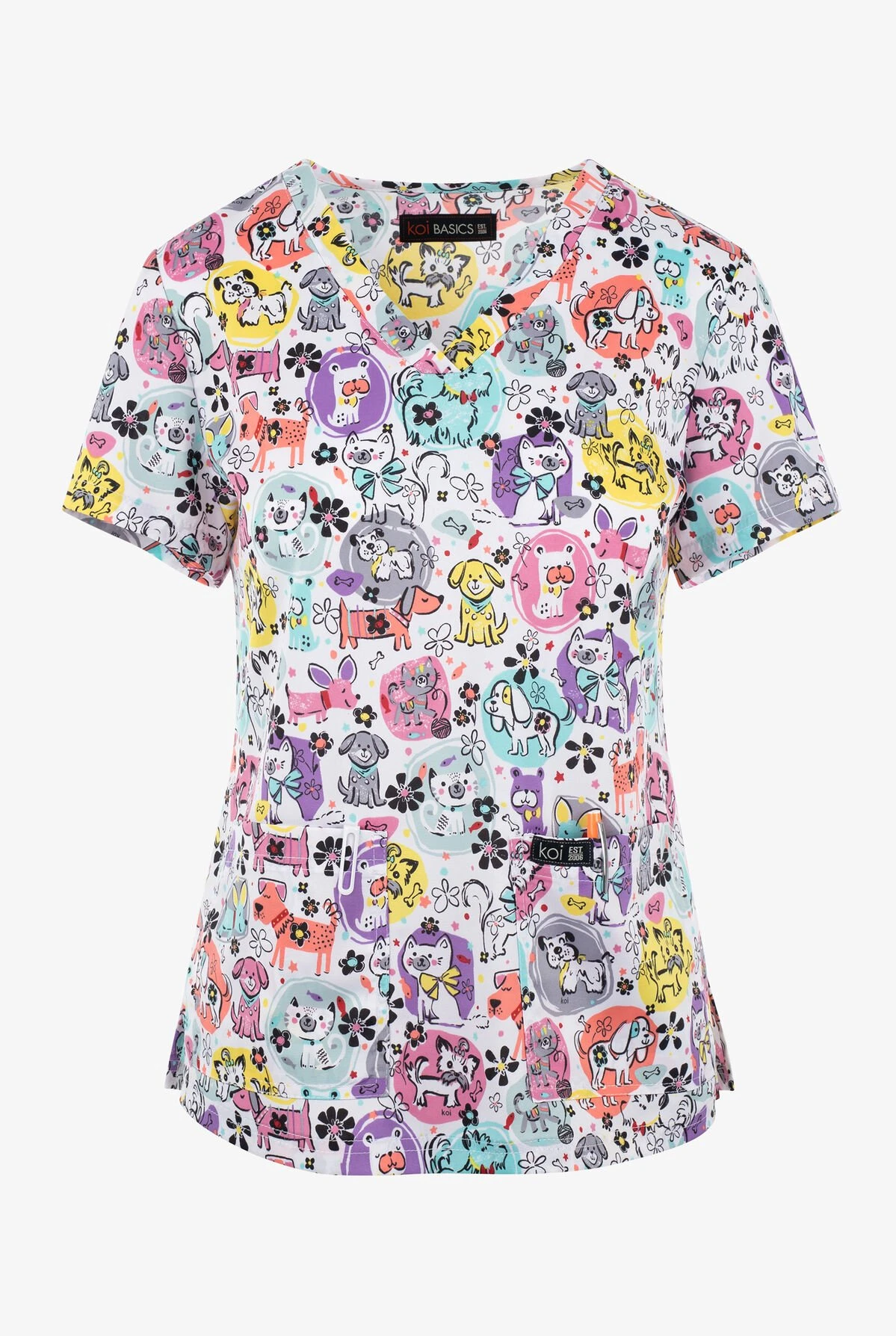 Koi Basics Fur Baby Bunch Women's 2-Pocket STRETCH V-Neck Print Scrub Top 3 Koi Basics Fur Baby Bunch Women's 2-Pocket STRETCH V-Neck Print Scrub Top