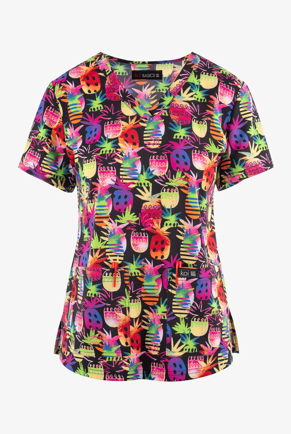 Koi Basics Colorful Tiki Pineapple Women's 2-Pocket STRETCH V-Neck Print Scrub Top 3 Koi Basics Colorful Tiki Pineapple Women's 2-Pocket STRETCH V-Neck Print Scrub Top