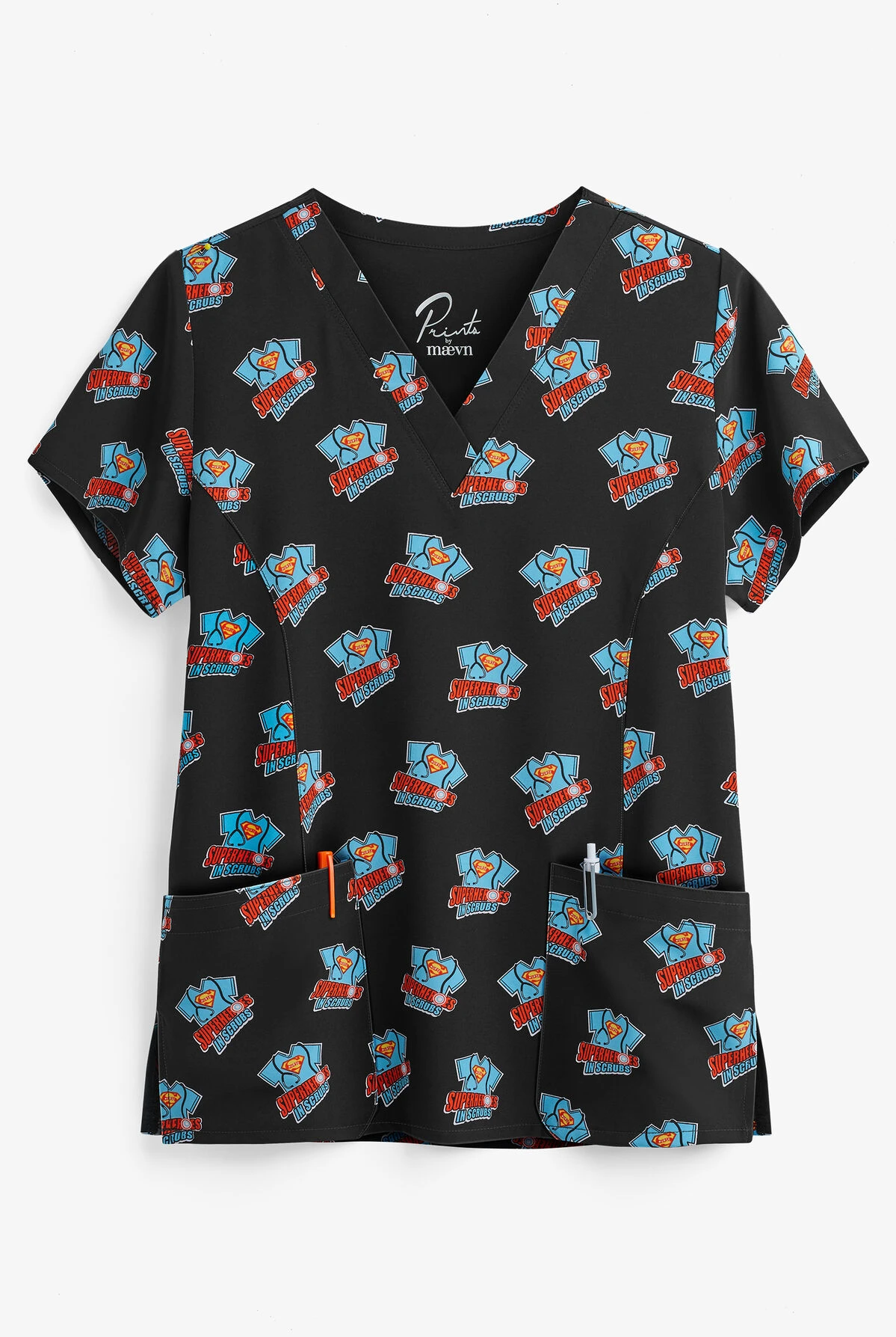 Maevn Superhero Women's 3-Pocket V-Neck Print Scrub Top 3 Maevn Superhero Women's 3-Pocket V-Neck Print Scrub Top