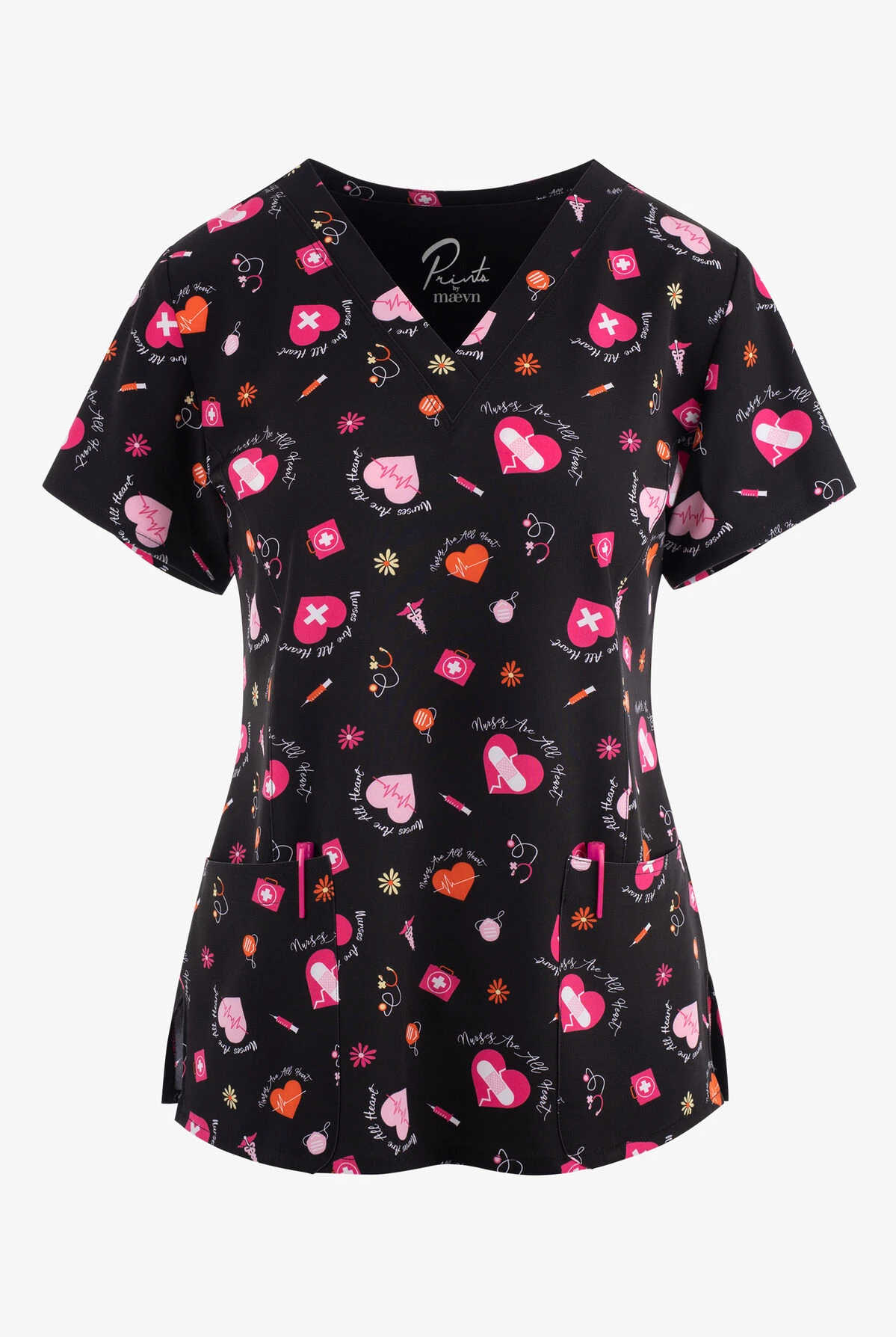 Maevn All Heart Women's 3-Pocket STRETCH V-Neck Print Scrub Top 3 Maevn All Heart Women's 3-Pocket STRETCH V-Neck Print Scrub Top