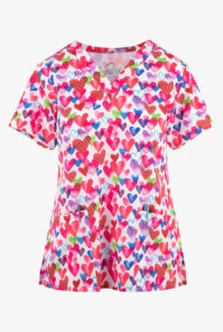Maevn One Love Hearts Women's 3-Pocket STRETCH V-Neck Print Scrub Top