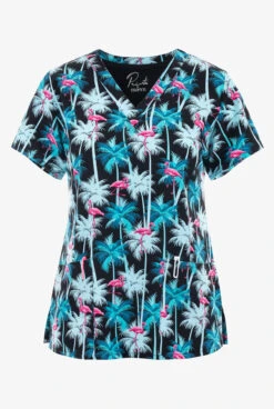 Maevn Vacay Mode Flamingo Women's 3-Pocket STRETCH V-Neck Print Scrub Top