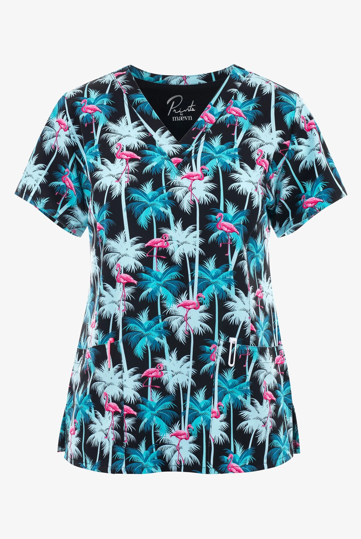 Maevn Vacay Mode Flamingo Women's 3-Pocket STRETCH V-Neck Print Scrub Top 3 Maevn Vacay Mode Flamingo Women's 3-Pocket STRETCH V-Neck Print Scrub Top