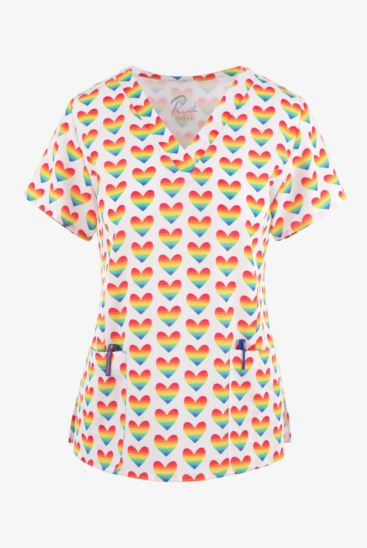 Maevn Peace, Love, And Rainbows Women's 3-Pocket STRETCH V-Neck Print Scrub Top 3 Maevn Peace, Love, And Rainbows Women's 3-Pocket STRETCH V-Neck Print Scrub Top