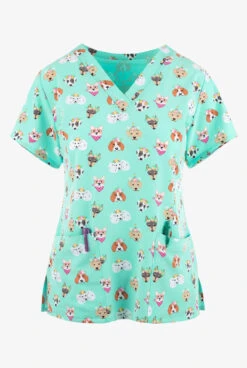 Maevn Picture Perfect Cats And Dogs Women's 3-Pocket STRETCH V-Neck Print Scrub Top