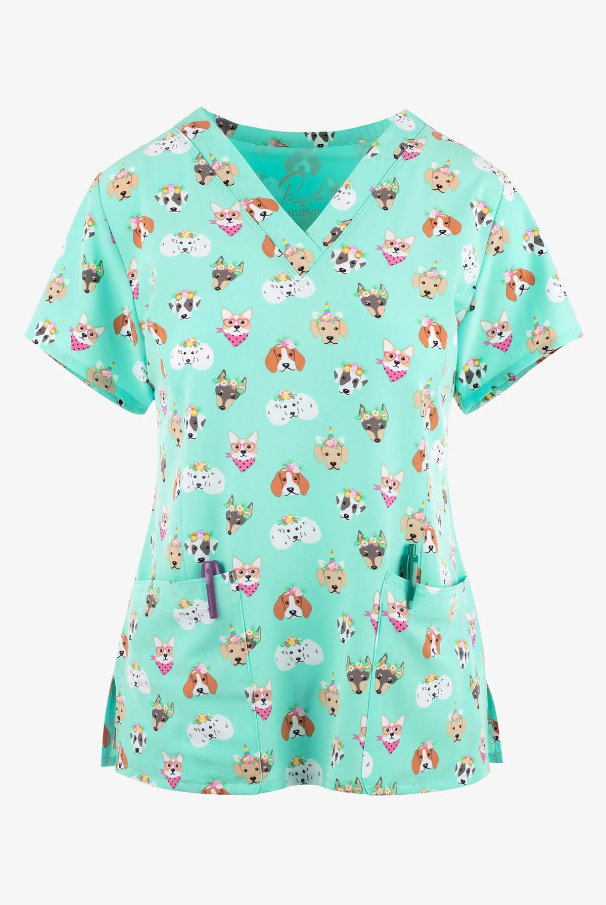 Maevn Picture Perfect Cats And Dogs Women's 3-Pocket STRETCH V-Neck Print Scrub Top 3 Maevn Picture Perfect Cats And Dogs Women's 3-Pocket STRETCH V-Neck Print Scrub Top