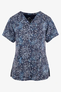 Maevn Subtle Flower Marbled Women's 3-Pocket STRETCH V-Neck Print Scrub Top