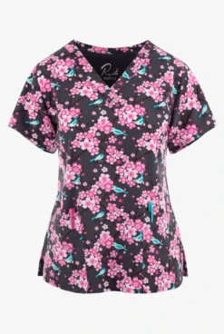 Maevn Spring Blossom Floral Women's 3-Pocket STRETCH V-Neck Print Scrub Top