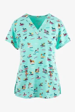 Maevn Surf's Up Dogs Women's 3-Pocket STRETCH V-Neck Print Scrub Top