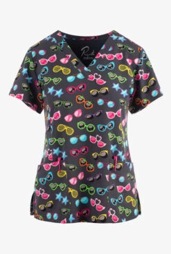 Maevn Colorful Sweet Shades Women's 3-Pocket STRETCH V-Neck Print Scrub Top