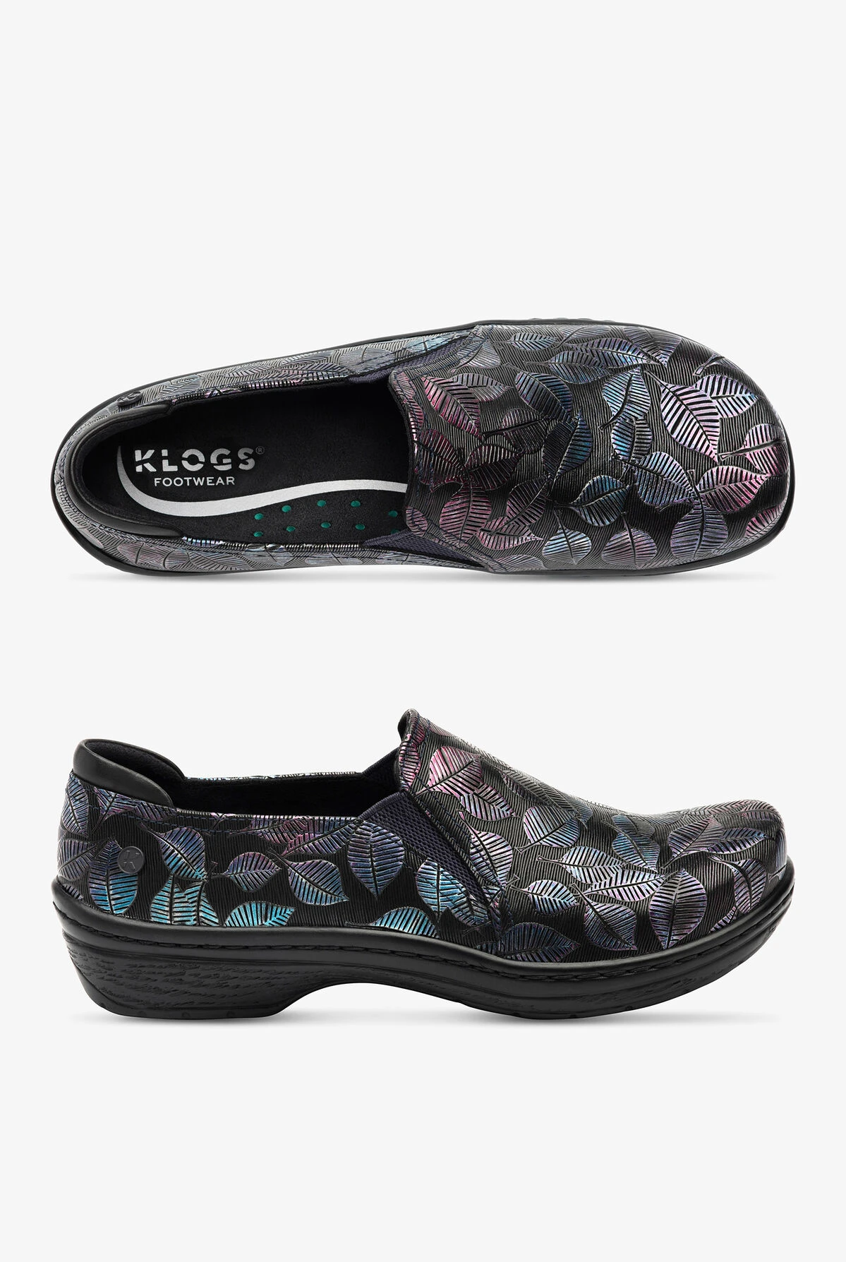 Klogs Moxy Blue/Purple Leaves Leather Slip On Clogs 3 Klogs Moxy Blue/Purple Leaves Leather Slip On Clogs