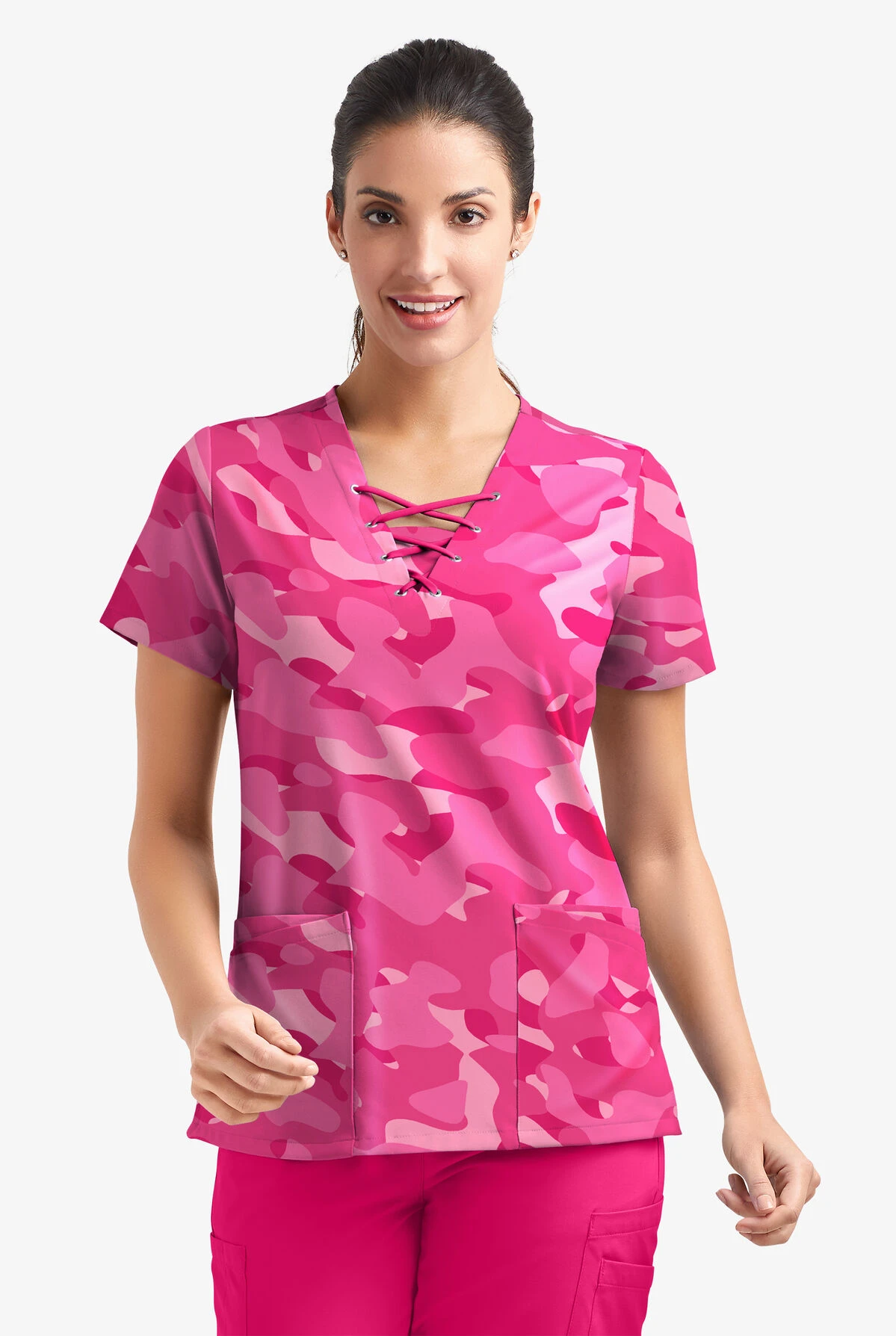 Easy Stretch By Butter-Soft Cloud Camo Flirt Women's 4-Pocket Lace Up V-Neck Printed Scrub Top 4 Easy Stretch By Butter-Soft Cloud Camo Flirt Women's 4-Pocket Lace Up V-Neck Printed Scrub Top - Image 2