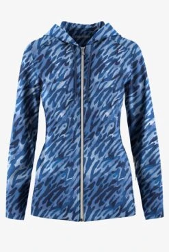 Easy Stretch By Butter-Soft Abstract Animal Navy Women's 5-Pocket Zip-Front Print Scrub Hoodie