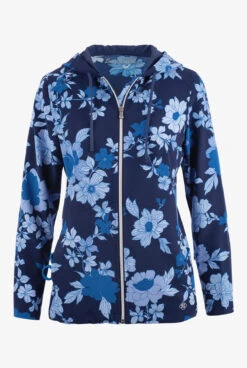 Easy STRETCH By Butter-Soft™ Paris Floral Navy Women's 5-Pocket Zip-Front Print Scrub Hoodie
