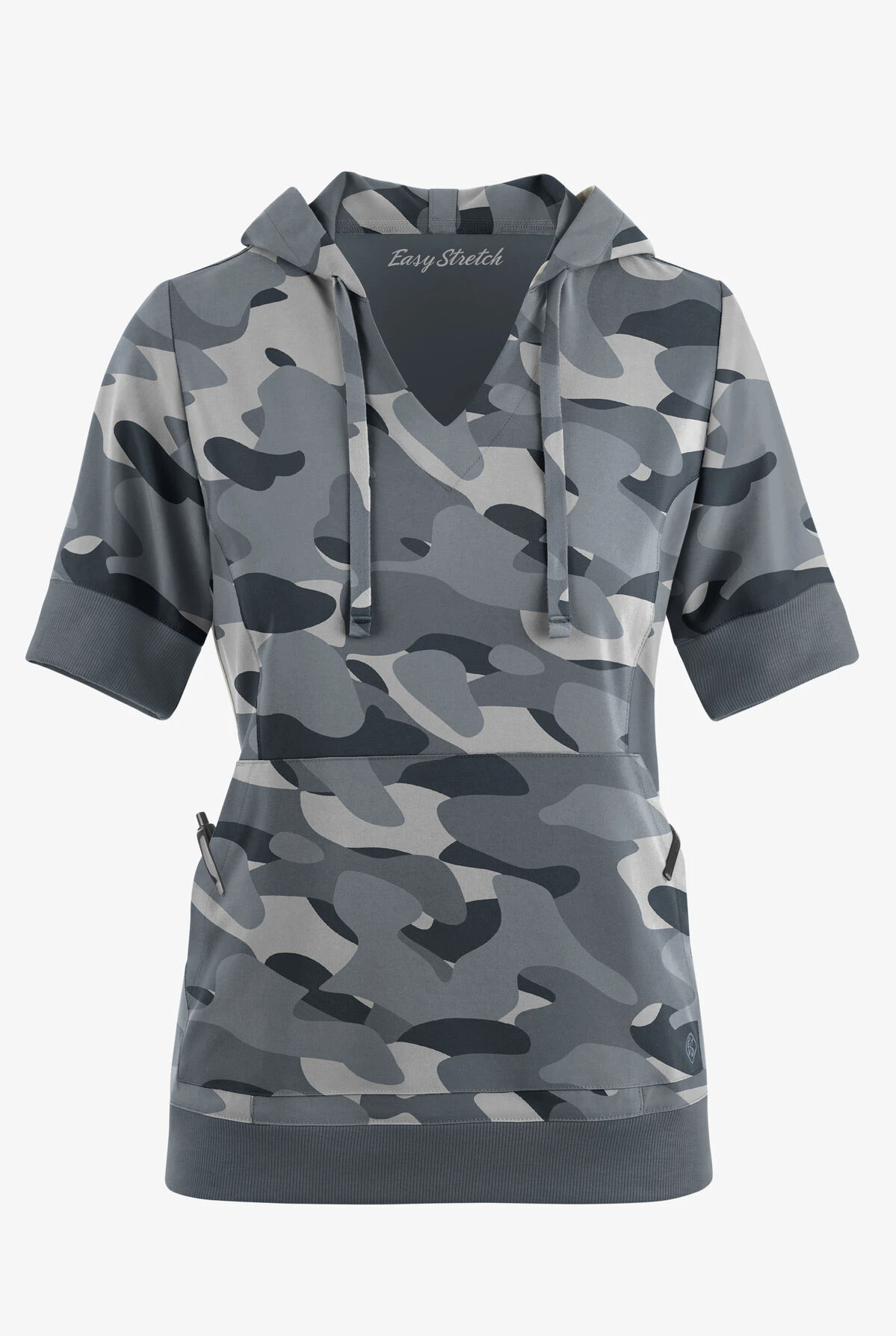 Easy Stretch By Butter-Soft Cloud Camo Pewter Women's 3-Pocket Short Sleeve Pull-Over Scrub Hoodie 3 Easy Stretch By Butter-Soft Cloud Camo Pewter Women's 3-Pocket Short Sleeve Pull-Over Scrub Hoodie