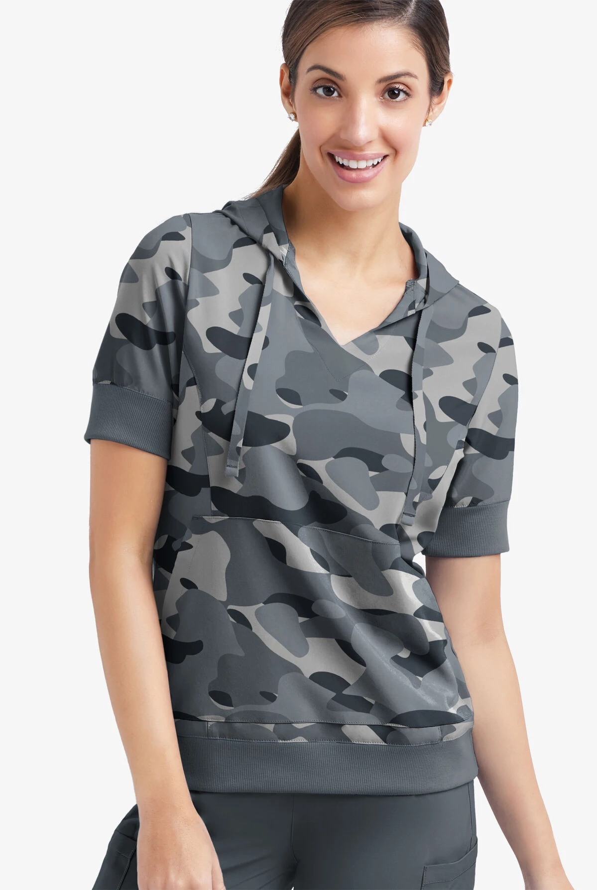 Easy Stretch By Butter-Soft Cloud Camo Pewter Women's 3-Pocket Short Sleeve Pull-Over Scrub Hoodie 4 Easy Stretch By Butter-Soft Cloud Camo Pewter Women's 3-Pocket Short Sleeve Pull-Over Scrub Hoodie - Image 2