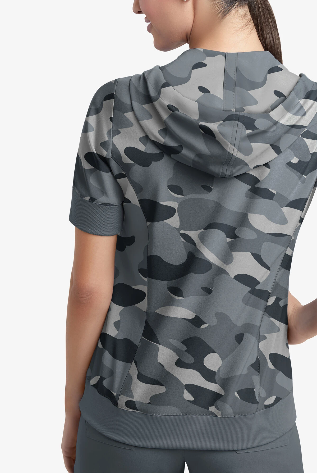 Easy Stretch By Butter-Soft Cloud Camo Pewter Women's 3-Pocket Short Sleeve Pull-Over Scrub Hoodie 5 Easy Stretch By Butter-Soft Cloud Camo Pewter Women's 3-Pocket Short Sleeve Pull-Over Scrub Hoodie - Image 3