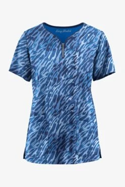 Easy STRETCH By Butter-Soft Abstract Animal Navy Women's 4-Pocket Zip Curved Neck Printed Scrub Top