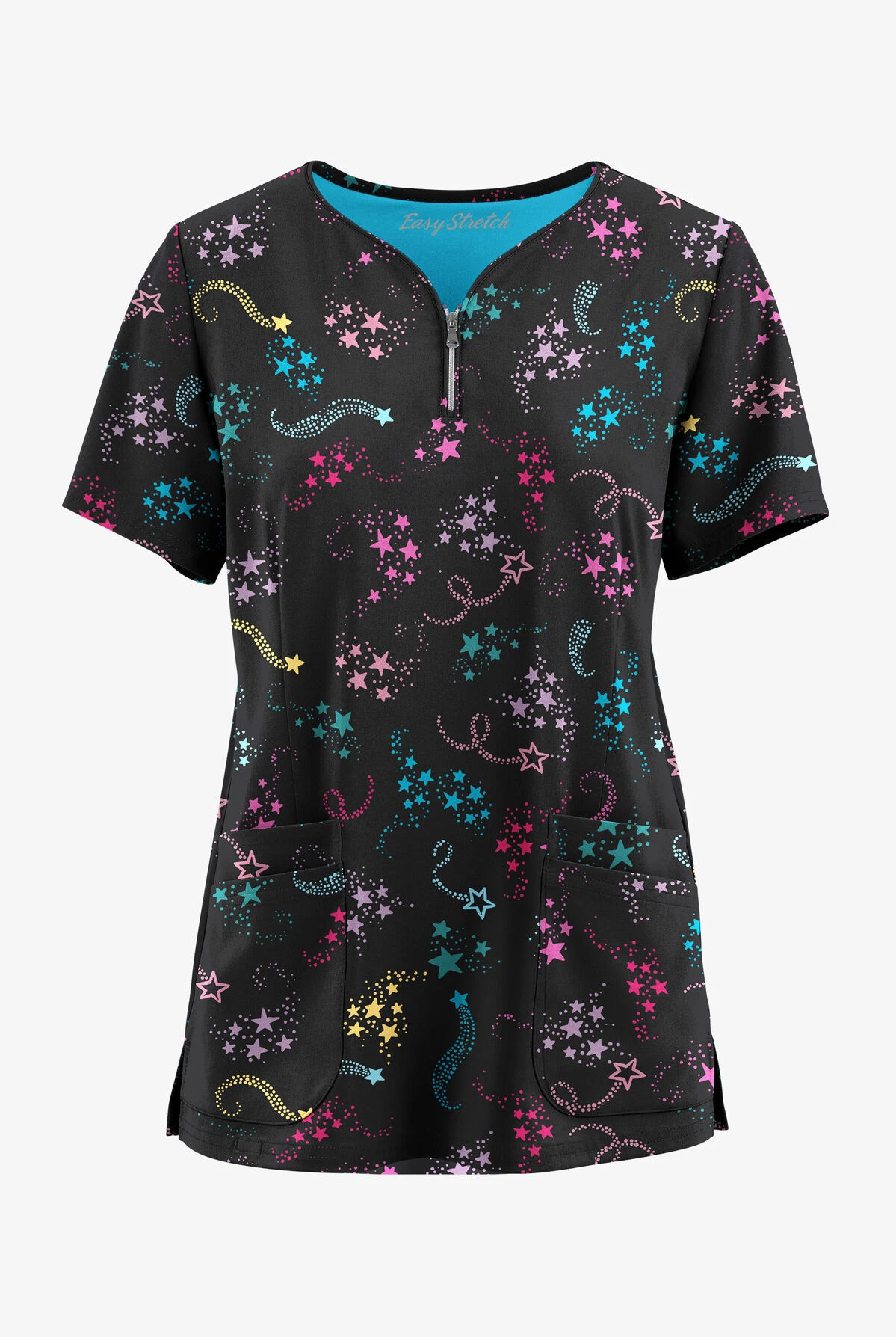 Easy STRETCH By Butter-Soft Shooting Stars Onyx Black Printed Women's 4-Pocket Zip Neck Scrub Top 3 Easy STRETCH By Butter-Soft Shooting Stars Onyx Black Printed Women's 4-Pocket Zip Neck Scrub Top