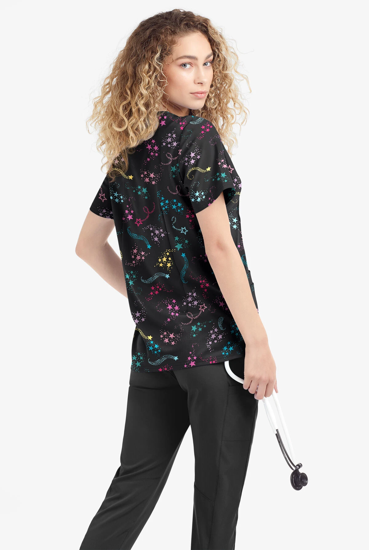Easy STRETCH By Butter-Soft Shooting Stars Onyx Black Printed Women's 4-Pocket Zip Neck Scrub Top 5 Easy STRETCH By Butter-Soft Shooting Stars Onyx Black Printed Women's 4-Pocket Zip Neck Scrub Top - Image 3