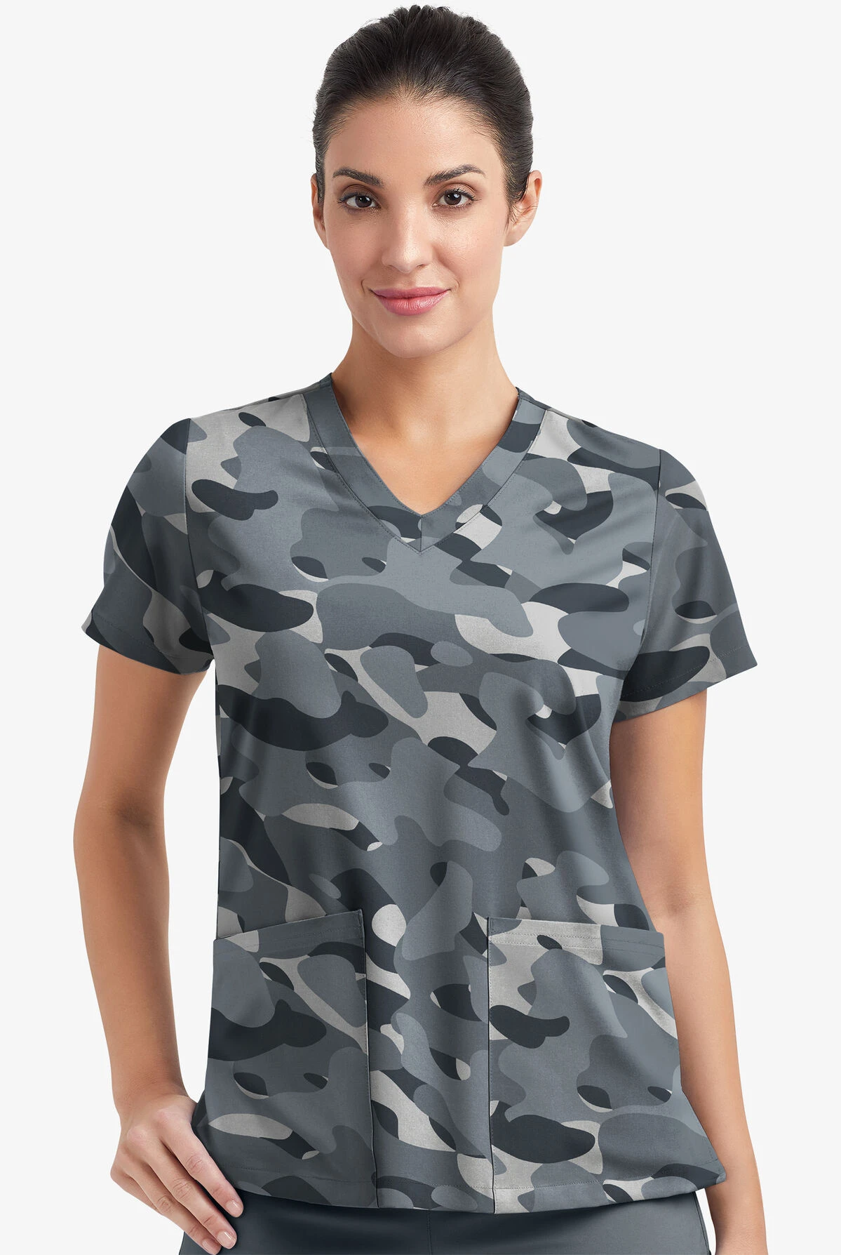 Easy Stretch By Butter-Soft Cloud Camo Pewter Women's 2-Pocket Mitered V-Neck Printed Scrub Top 4 Easy Stretch By Butter-Soft Cloud Camo Pewter Women's 2-Pocket Mitered V-Neck Printed Scrub Top - Image 2