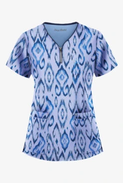 Easy STRETCH By Butter-Soft™ Uzbek Kilim Ceil Women's 4-Pocket Zipper Neck Print Scrub Top