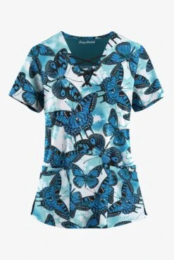 Easy Stretch By Butter-Soft Butterfly Oasis Women's 4-Pocket Lace Up V-Neck Printed Scrub Top