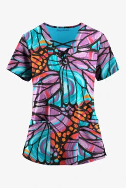Easy Stretch By Butter-Soft Onyx Butterflies Women's 4-Pocket Lace Up V-Neck Print Scrub Top