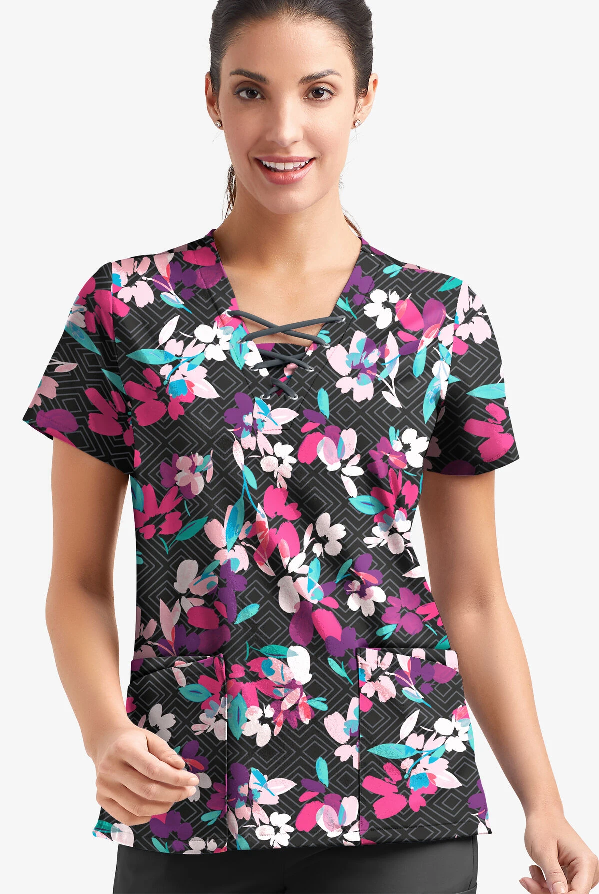 Easy Stretch By Butter-Soft Kyoto Floral Onyx Women's 4-Pocket Lace Up V-Neck Printed Scrub Top 4 Easy Stretch By Butter-Soft Kyoto Floral Onyx Women's 4-Pocket Lace Up V-Neck Printed Scrub Top - Image 2