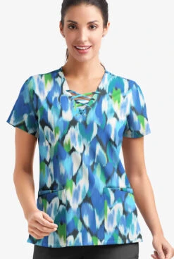 Easy Stretch By Butter-Soft Love Garden Pewter Women's 4-Pocket Lace Up V-Neck Printed Scrub Top -Cherokee Shop TS222LGPW 092023 2