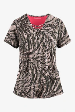 Easy Stretch By Butter-Soft Spirit Animal Onyx Women's 4-Pocket Lace Up V-Neck Printed Scrub Top