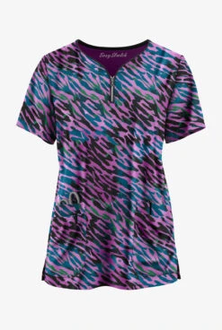 Easy STRETCH By Butter-Soft Abstract Animal Caribbean Blue Women's 4-Pocket Zip Neck Print Scrub Top