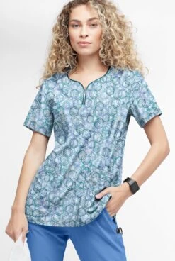 Easy STRETCH By Butter-Soft™ Dotted Geo Caribbean Blue Women's 4-Pocket Zip Neck Print Scrub Top -Cherokee Shop TS4236DGCB 2 S HV