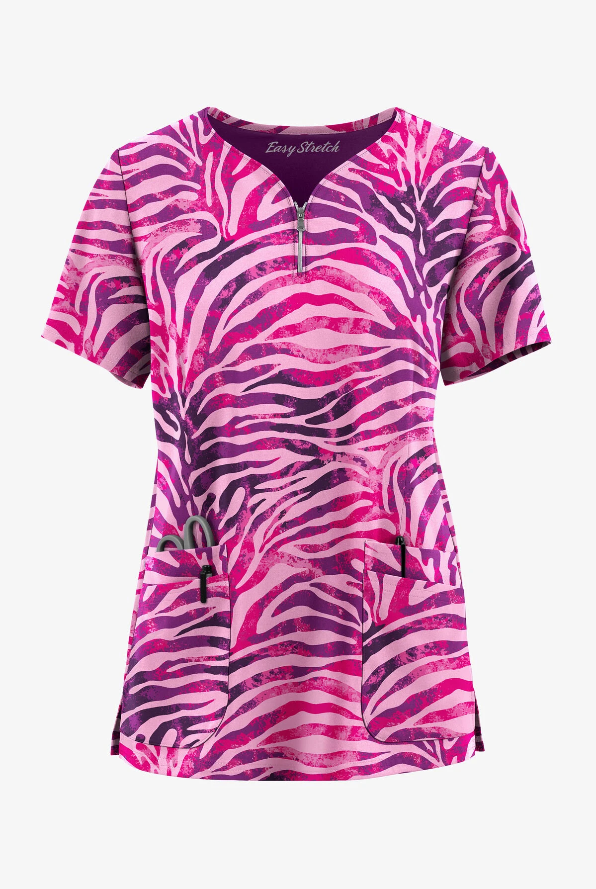 Easy STRETCH By Butter-Soft™ Exotic Zebra Flirt Women's 4-Pocket Zip Curved Neck Printed Scrub Top 3 Easy STRETCH By Butter-Soft™ Exotic Zebra Flirt Women's 4-Pocket Zip Curved Neck Printed Scrub Top