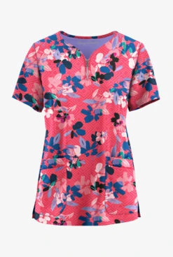 Easy Stretch By Butter-Soft Floral Watermelon Women's 4-Pocket Zip Curved Neck Printed Scrub Top