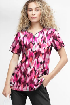 Easy Stretch By Butter-Soft Love Garden Onyx Women's 4-Pocket Zip Curved Neck Printed Scrub Top -Cherokee Shop TS4236LGBL 2