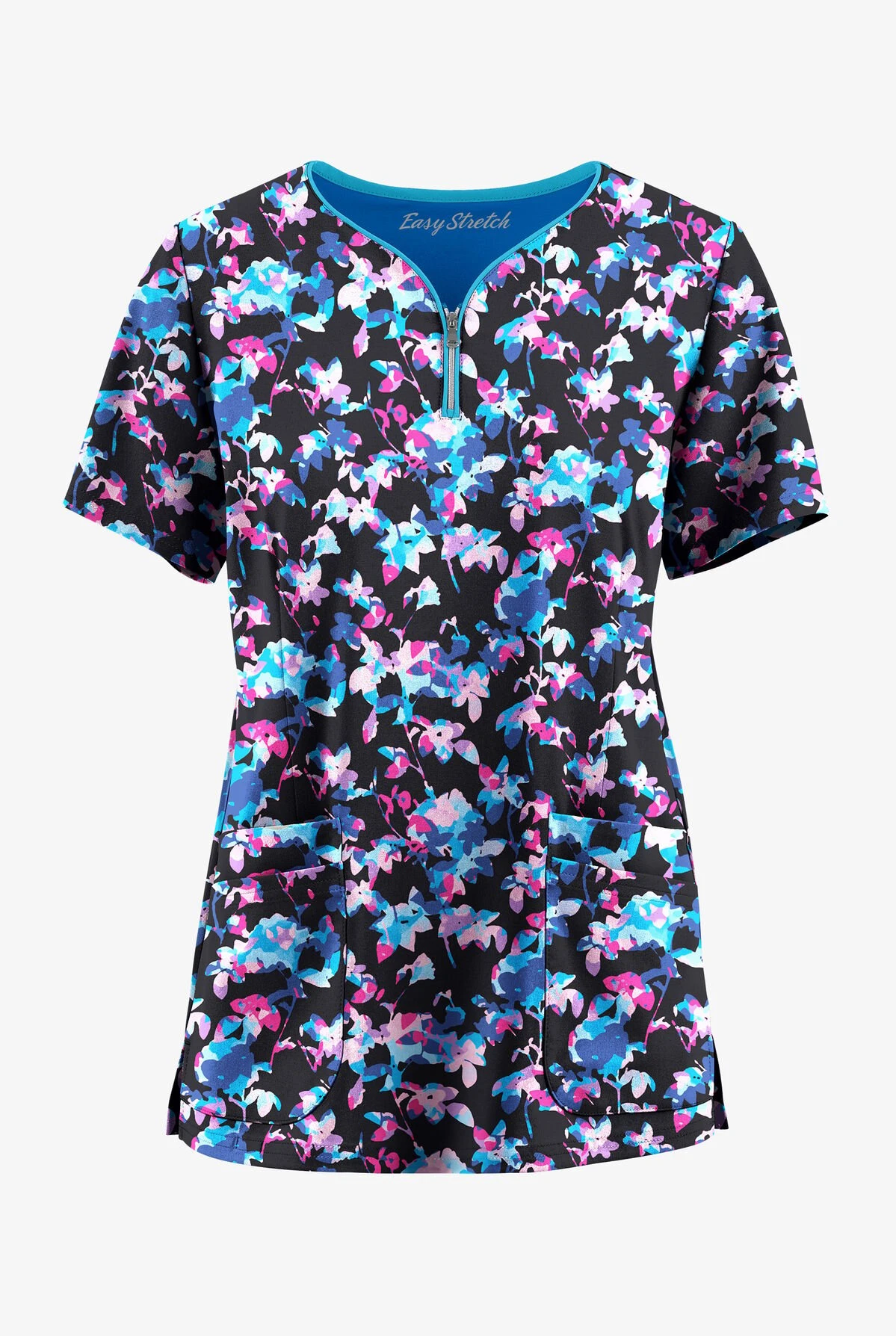 Easy Stretch By Butter-Soft Morning Garden Onyx Women's 4-Pocket Zip Curved Neck Printed Scrub Top 3 Easy Stretch By Butter-Soft Morning Garden Onyx Women's 4-Pocket Zip Curved Neck Printed Scrub Top