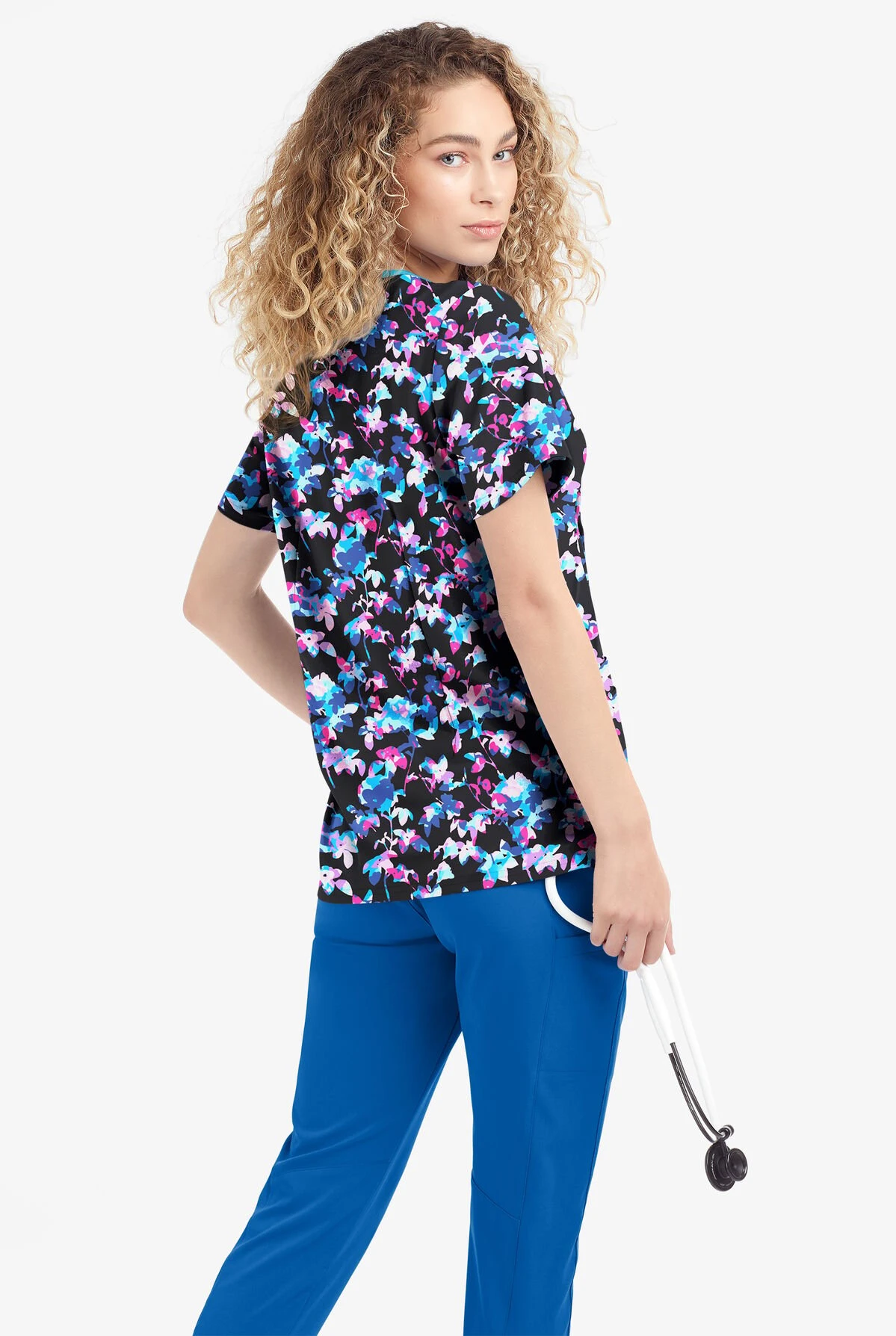 Easy Stretch By Butter-Soft Morning Garden Onyx Women's 4-Pocket Zip Curved Neck Printed Scrub Top 5 Easy Stretch By Butter-Soft Morning Garden Onyx Women's 4-Pocket Zip Curved Neck Printed Scrub Top - Image 3