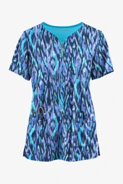 Easy STRETCH By Butter-Soft™ Rotterdam Ikat Navy Women's 4-Pocket Zip Curved Neck Print Scrub Top