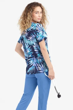 Easy Stretch By Butter-Soft Watercolor Tropical Women's 4-Pocket Zip Curved Neck Printed Scrub Top -Cherokee Shop TS4236WTNV 3